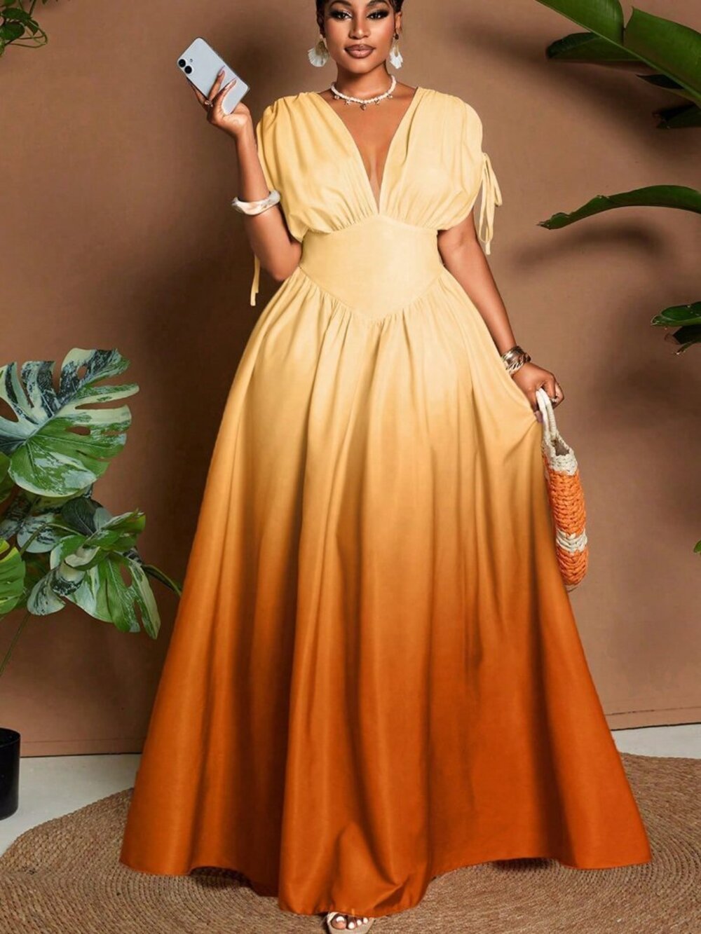 Multicolor Plus-Size Women's Ombre V-Neck A-Line Maxi Dress - Picture 5 of 7